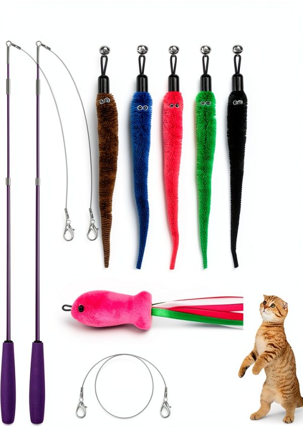Cat Wand Toy Set by ZeyZoo with 7 Worm Refills and Spare Line-1