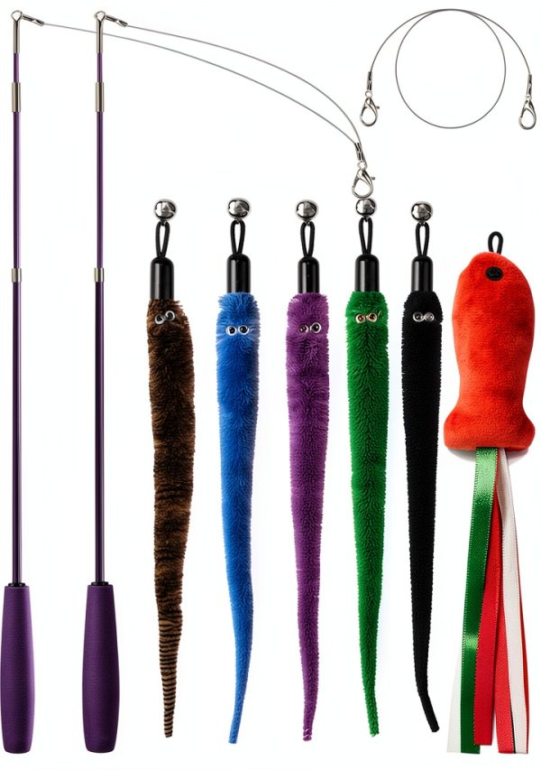 Cat Wand Toy Set by ZeyZoo with 7 Worm Refills and Spare Line-0